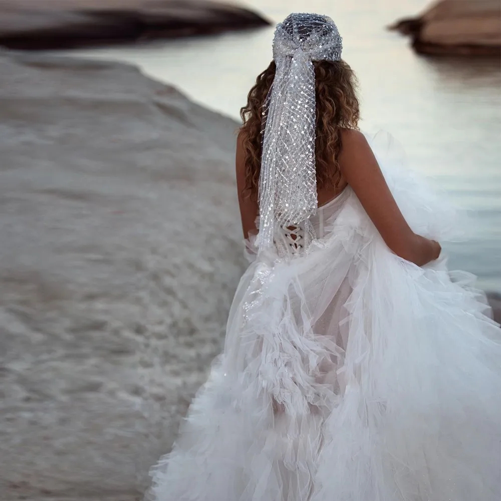 Beaded Strapless Wedding Dresses A Line Boho Tiered Ruffles Tulle Bridal Gown Lace Appliques Beach Robe De