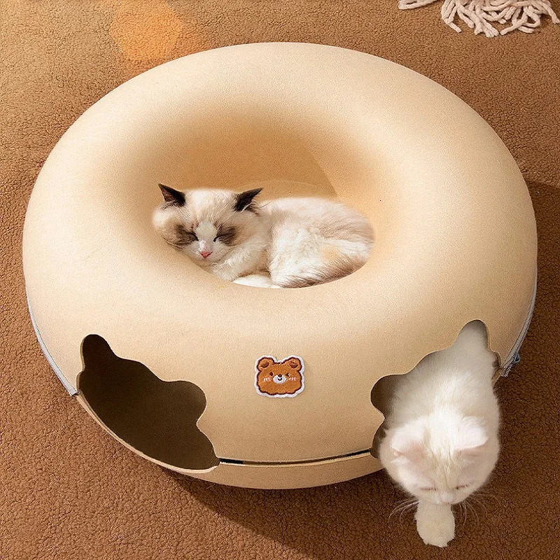 Cat Beds Furniture Cat Tunnel Bed 2 Holes Cats Hiding House All Seasons Felt Zipper Kitten Nest Basket Detachable Round Pet Play Tunnels Tube Toys 231