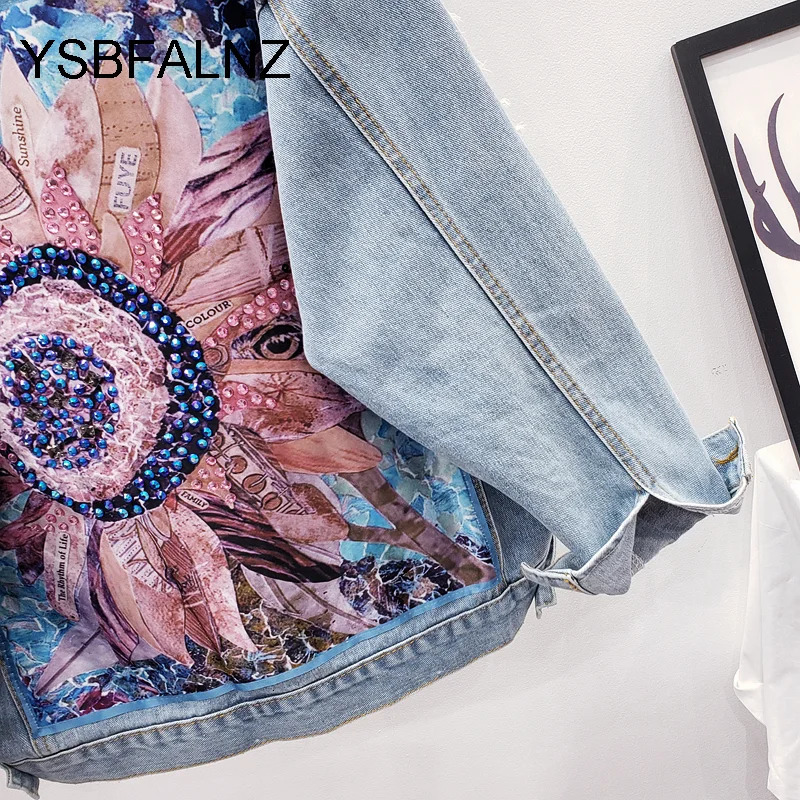 Women's Jackets Women Denim Jacket Feminine Spring Autumn Boho Sequin Floral Appliques Embroidery Coat Long Sleeve Outerwear Female Veste Femme 2