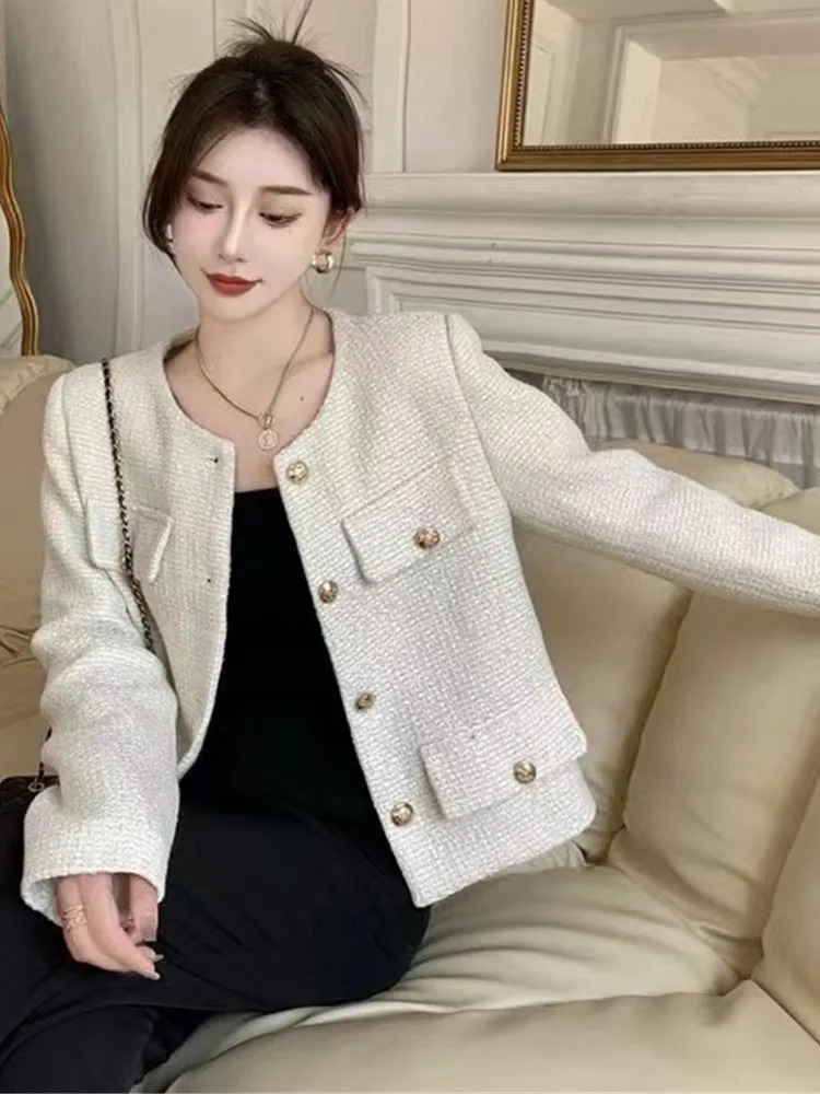 Women's Jackets HMA High Quality Women Fashion Jackets Black Tweed Elegant Coats Ladies Spring Autumn Woolen Women Clothes 231010