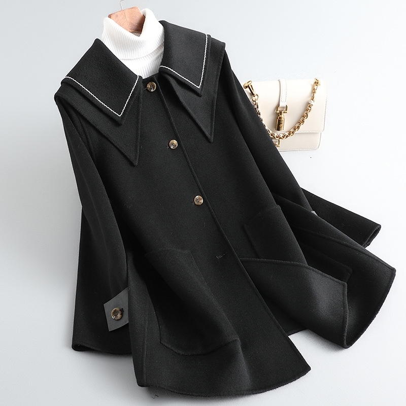 Womens Wool Blends MidLength DoubleSided Cashmere Coat Female Autumn Navy Collar Woolen PH004 231010