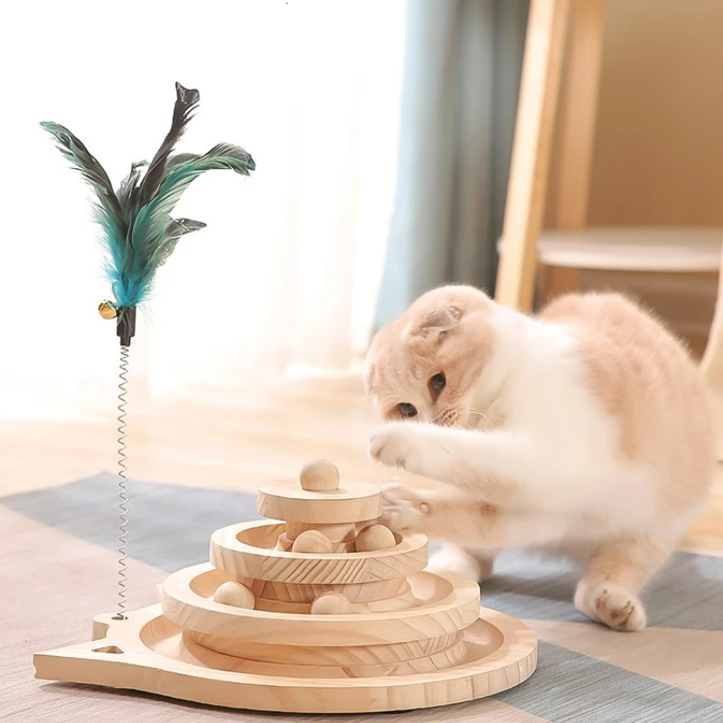 Cat Toys Wooden 2/3 Levels Pet cat Toy Tower Tracks Disc cat Intelligence Amusement Triple Play Disc Cat toys ball Training Toys 231011