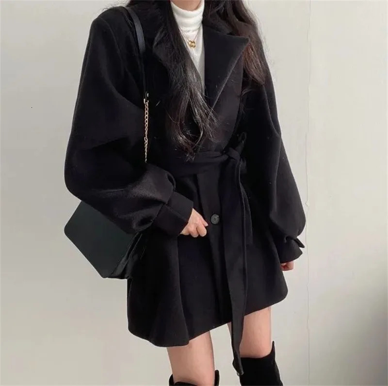 Women's Wool Blends Mid Length Blazer Collar Woolen Coat Women Belted Winter Jacket Niche Vintage Loose Fashion Overcoat Solid Trench Coats 23101