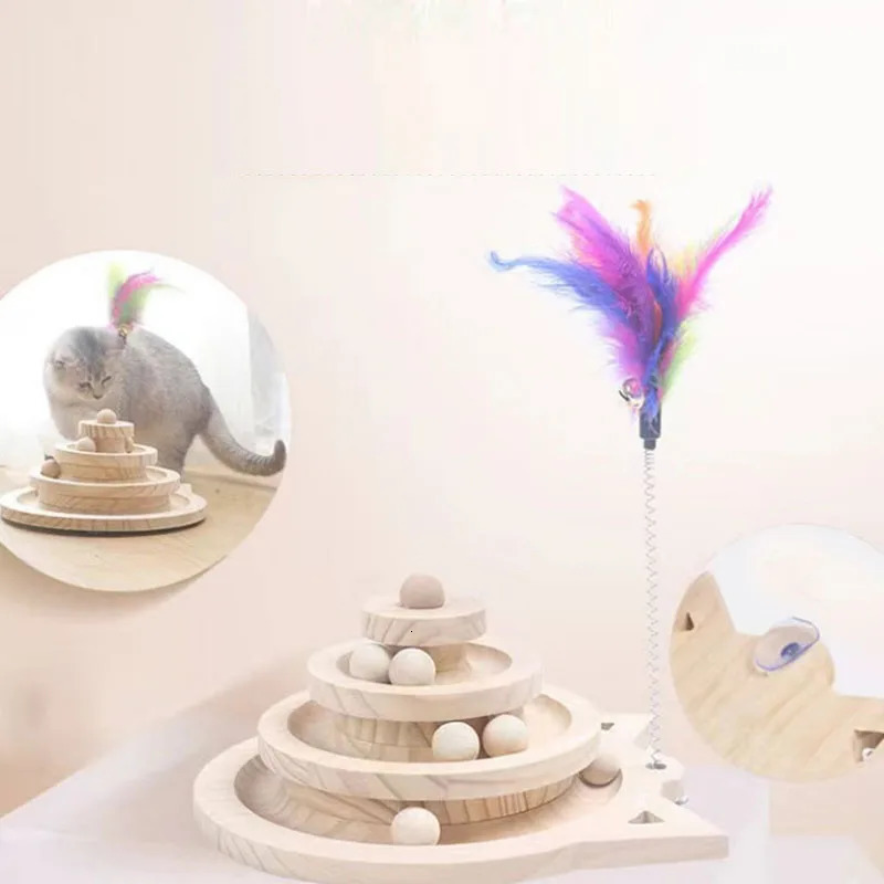 Cat Toys Wooden 2/3 Levels Pet cat Toy Tower Tracks Disc cat Intelligence Amusement Triple Play Disc Cat toys ball Training Toys 231011
