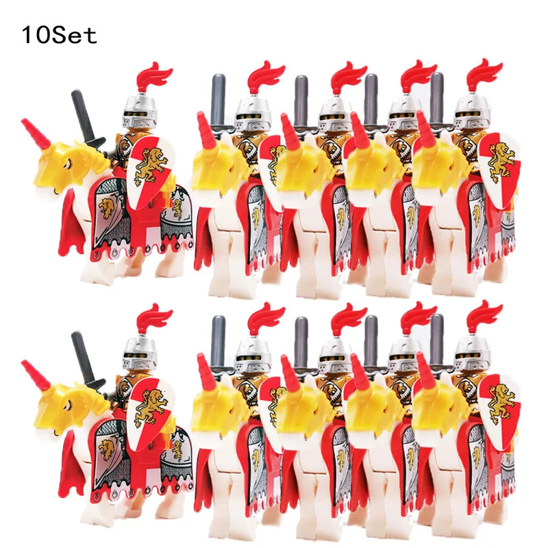 Blocks 10 Sets Vintage Castle Kingdoms Red Dragon Royal Knights Horse Dark Blue Lion Army Solider Minifig Building Block Toys for Kids 231010