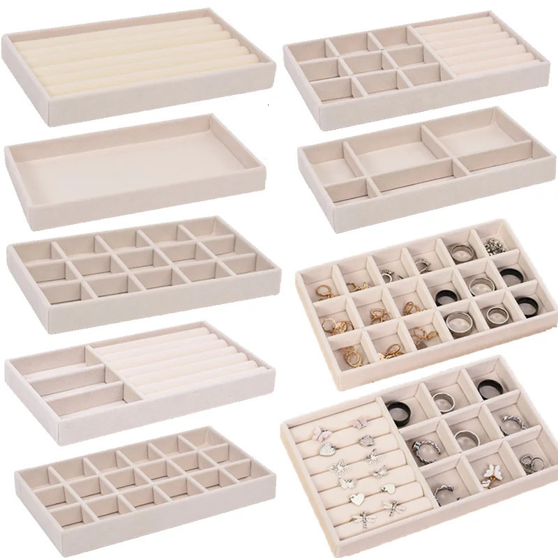 Jewelry Boxes Velvet Tray Storage Drawer Small Stackable Beige Organizer Insert Durable Display Earring Ring Case 231011