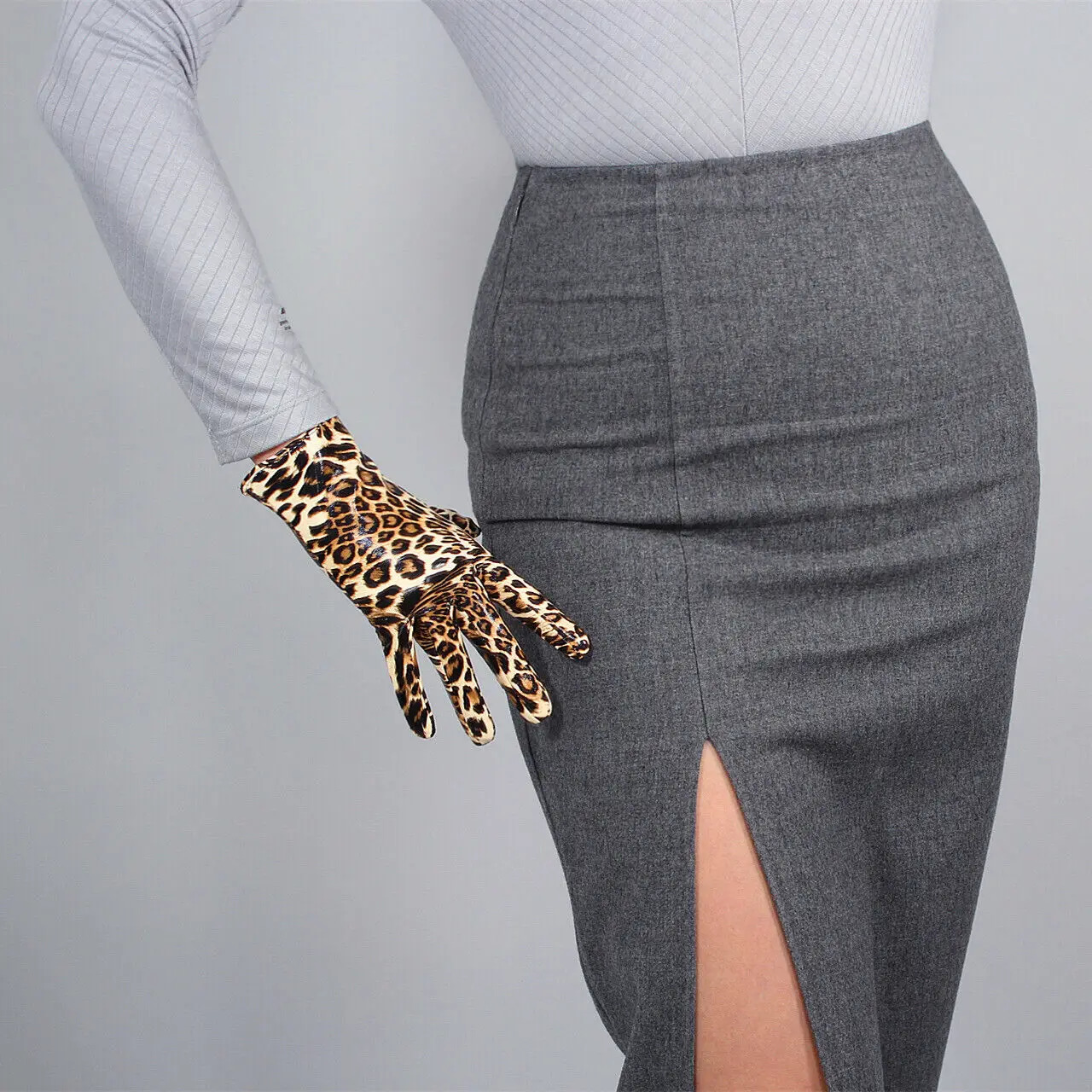 Five Fingers Gloves LATEX LONG GLOVES Shine Leather PU 24" 60cm Animal Print Brown Cheetah Leopard 231010