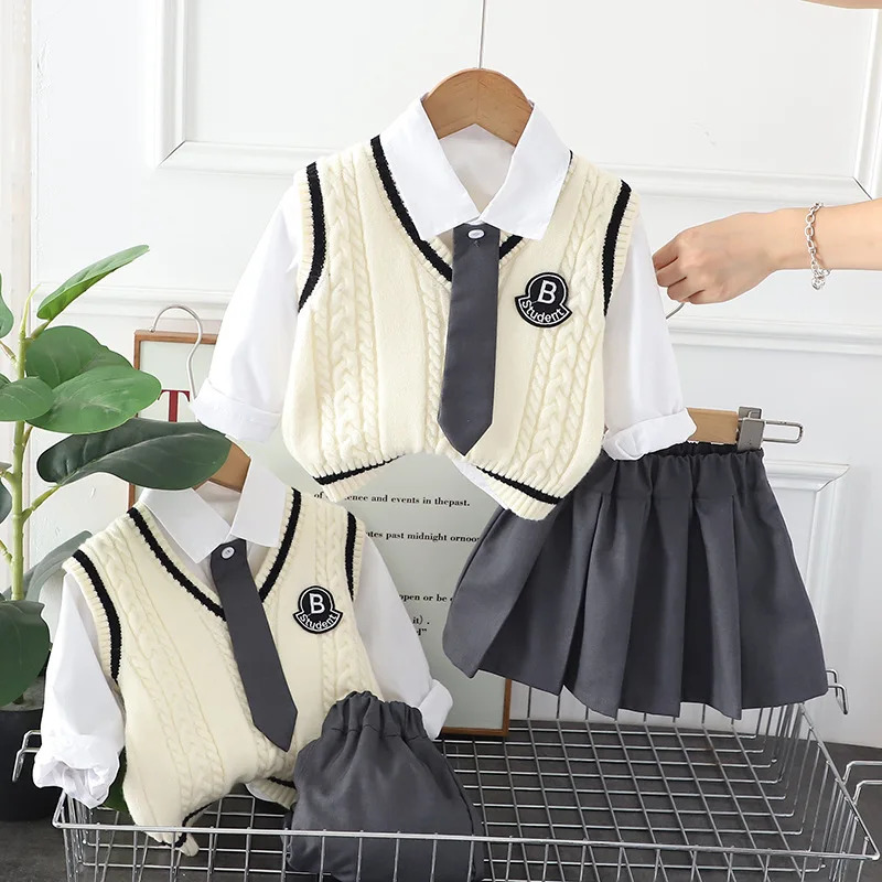 Clothing Sets 15T Back To School Outfits for Boys Girls Knitted Sweater Vest White Shirts Pants or Dresses Suits Baby Boy Clothes Set 231010