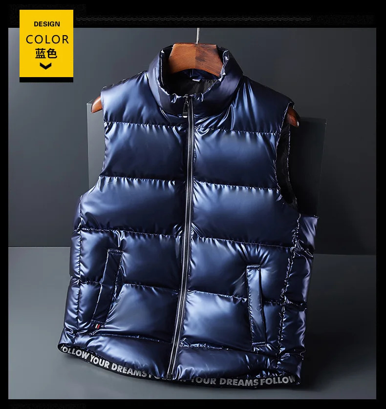 Men's Vests Winter Down Cotton Vest Mens Warm Sleeveless Puffer Jacket Casual Men Shiny Surface Zip Up Solid Jackets Tops 231011