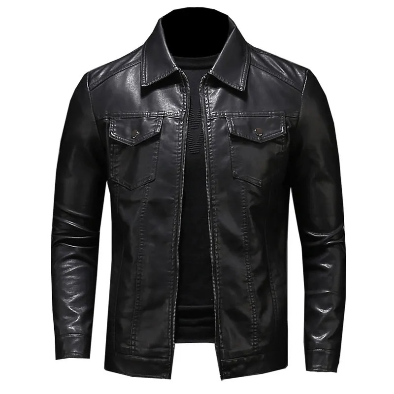 Men's Leather Faux Leather Men's Motorcycle Leather Jacket Large Size Pocket Black Zipper Lapel Slim Fit Male Spring and Autumn High Quality