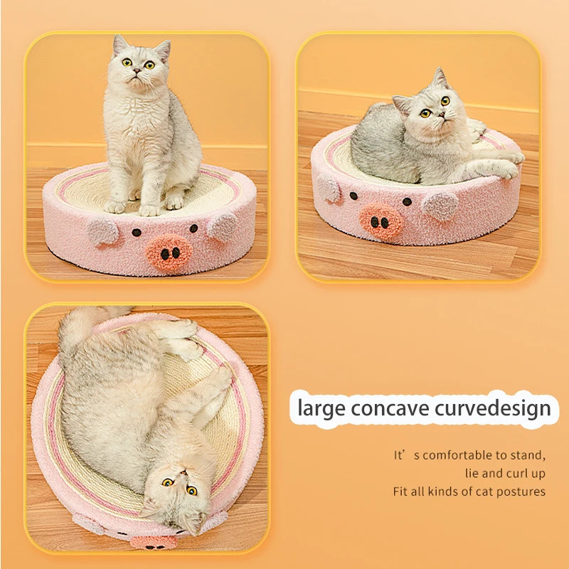Cat Toys Cute Pig Cat Scratcher Sisal Weave Round Cat Scratching Pad 2 in1 Indoor Grinding Claws Cats Training Toys Furniture Protection 231011