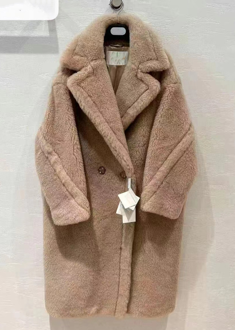 Oversized Champagne MM teddy Bear Alpaca fur Long Coats winter women parkas Lapel Neck button