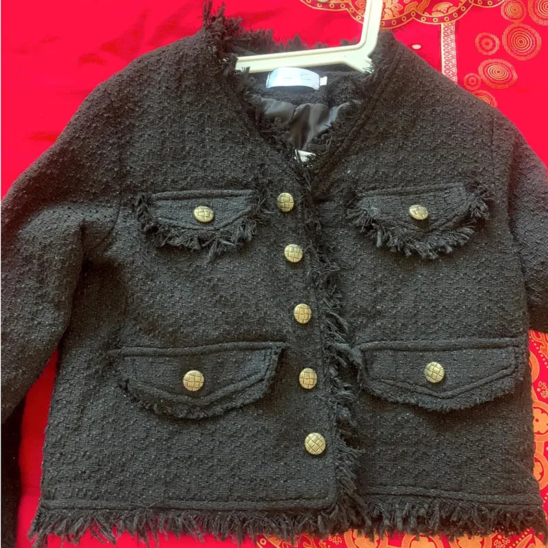 Women's Jackets Vintage Small Fragrant Tweed Jacket Women Autumn Winter Woolen Short Black Jacket Streetwear Fashion Slim Outwear Crop Tops 23101