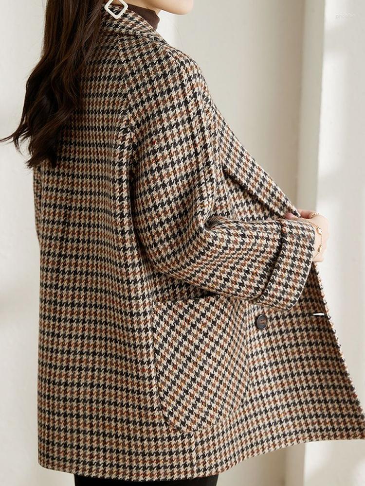 Women's Suits Vintage Houndstooth Women Woolen Blazer Double Breasted Plaid Female Suit Jacket Fashion Korean Outerwear Loose Blaser Coat
