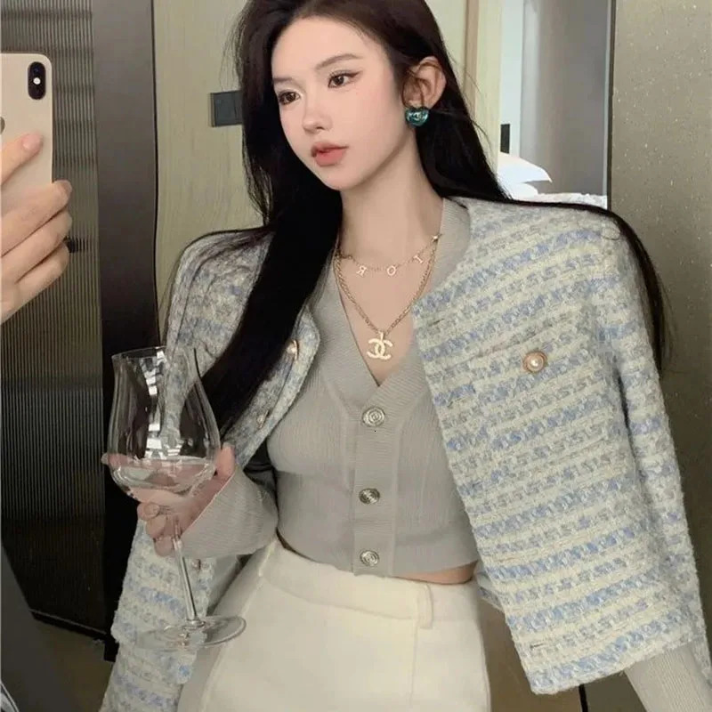 Women's Jackets Light Blue Tweed Striped Jackets For Women Temperament Tunic Vintage Korean Fashion Coat Crop Tops Womens Clothing Clothes 231010
