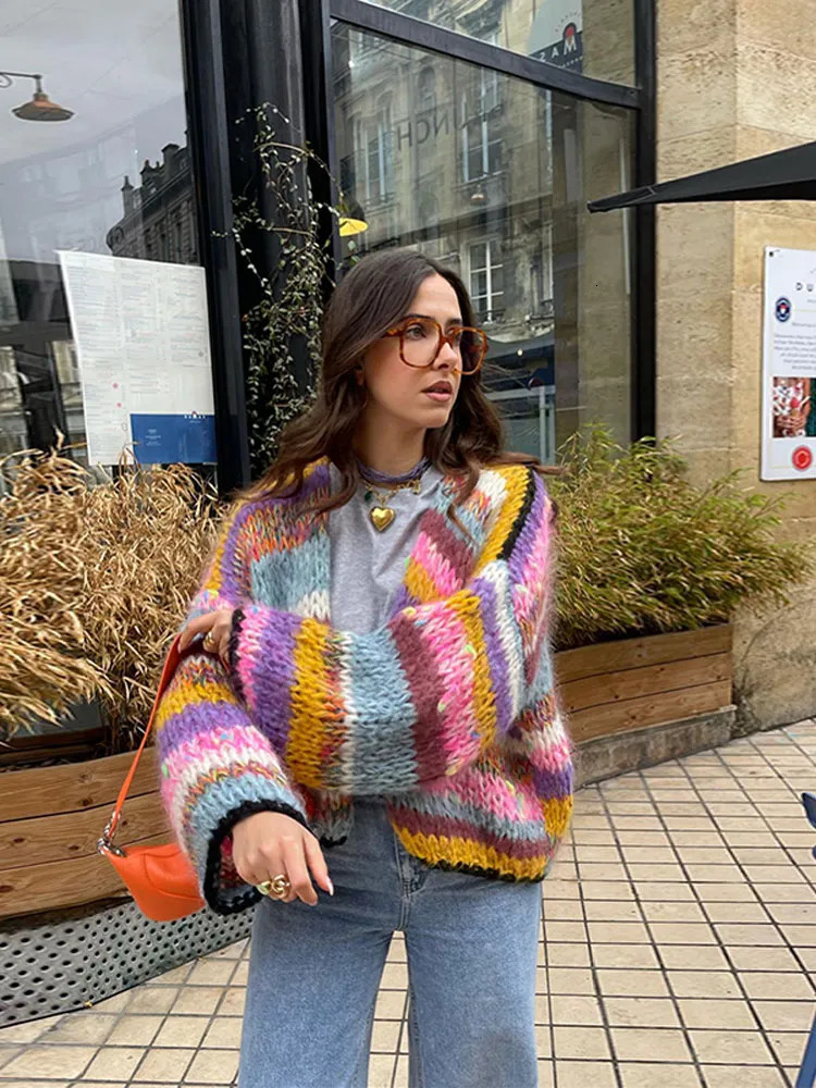 Women's Wool Blends Colorful Striped Crochet Knitted Sweaters Sweet Lantern Sleeve Loose Short Cardigan Autumn Fashion Streetwear Knitwears 23101