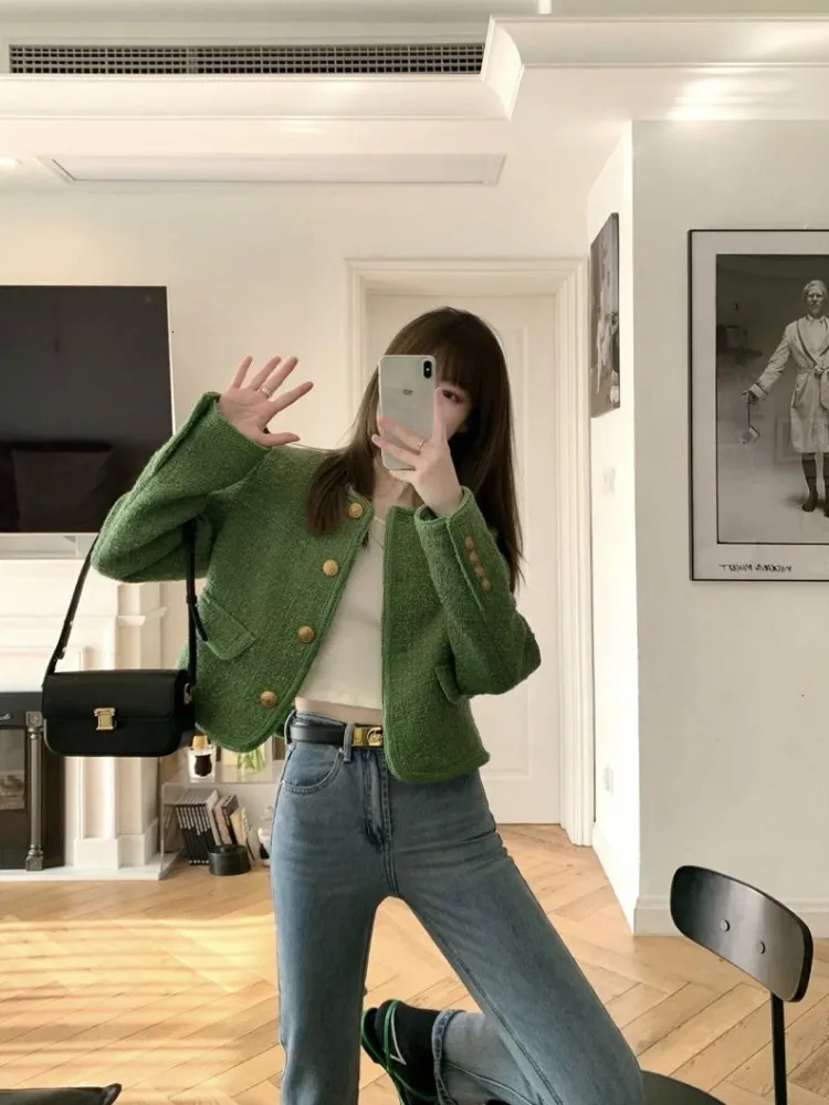 Women's Jackets Women Green Tweed Cropped Jackets O Neck Long Sleeve Office Lady Short Coats Female Autumn Winter Korean Fashion Jackets Outwear 
