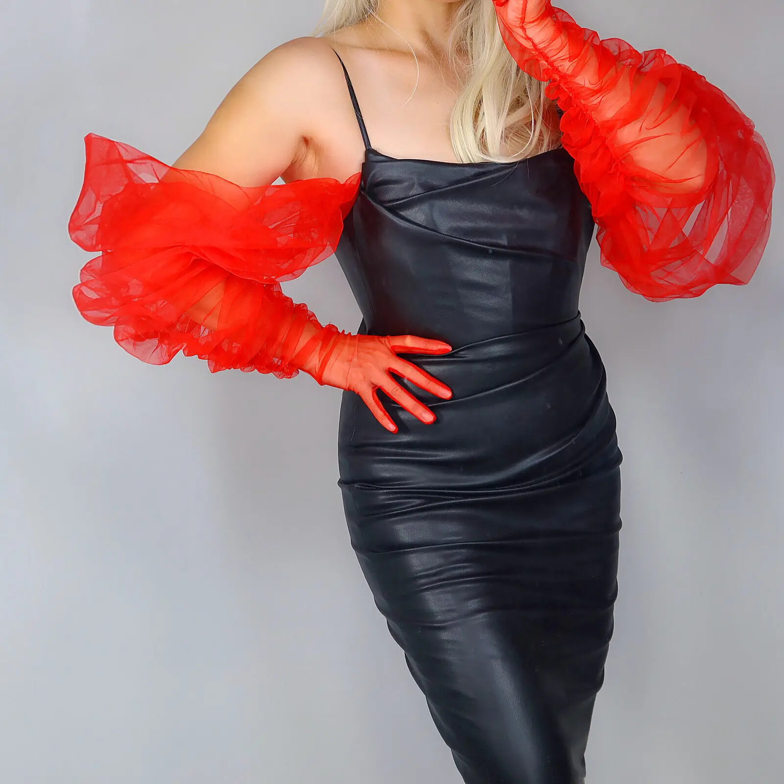 Five Fingers Gloves SMOKY GLOVES Lace Tulle Mesh Sheer 60" 150cm Long Puff Sleeves Dark Red Burgundy 231010