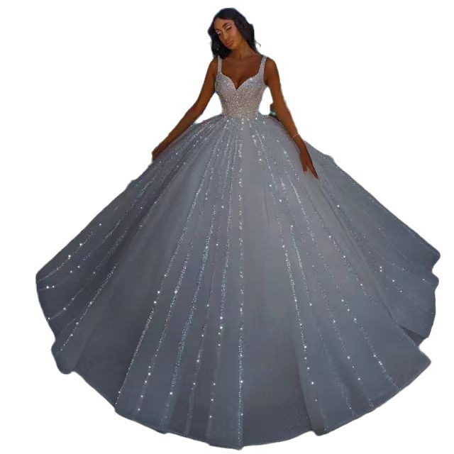 2023 shiny Tulle Wedding Dresses bling Elegnat Bridal Gowns Illusion Beautiful A Line Neckline Appliques Custom Made blingbling ball gown princess dre