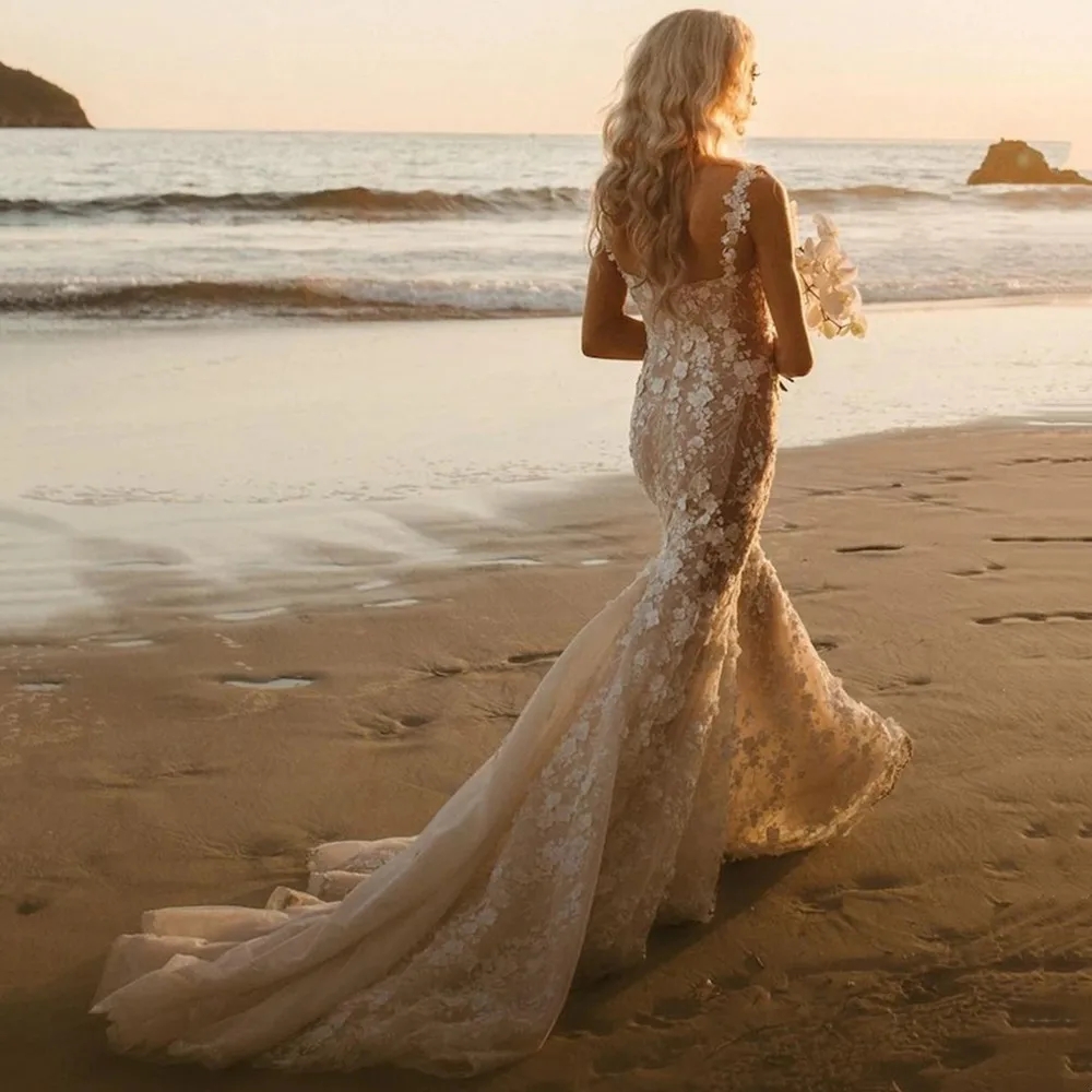 Sexy Ral Mermaid Wedding Dresses 3D Lace Appliques Backless Beach Sleeveless Bride Gown Sweep Train Robe De Mariee 6660312