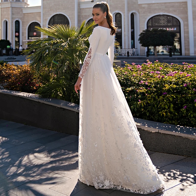 A Line O Neck Wedding Dress Long Sleeve Lace Appliques Modern Satin Bride Gown Button Floor Length Vestidos De Novia