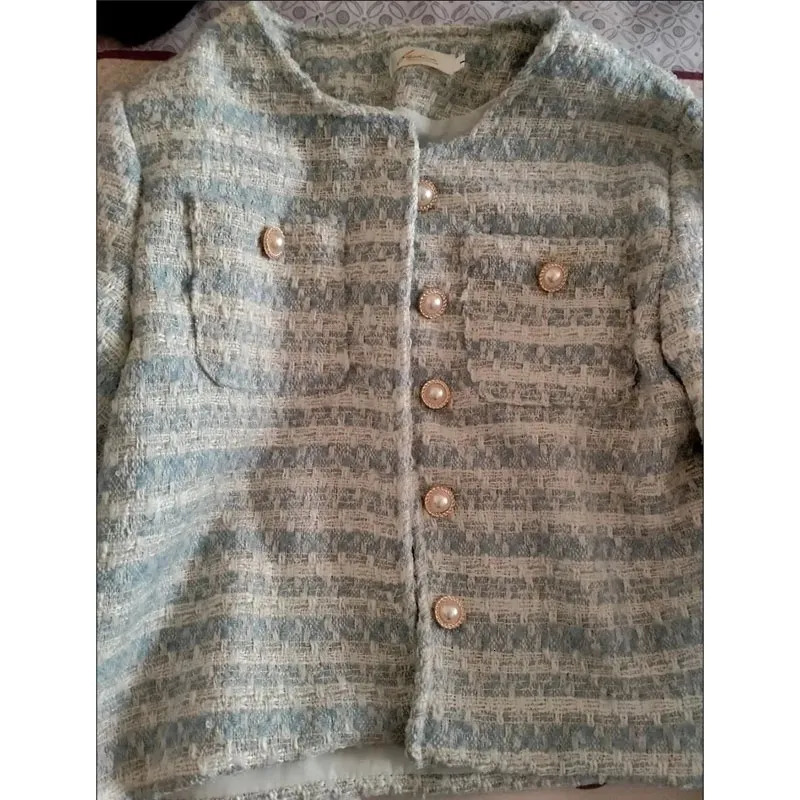 Women's Jackets Light Blue Tweed Striped Jackets For Women Temperament Tunic Vintage Korean Fashion Coat Crop Tops Womens Clothing Clothes 231010