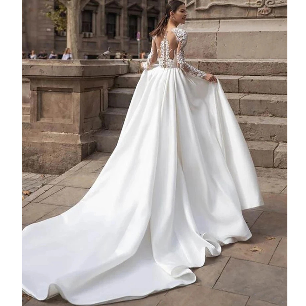 Elegant Satin Wedding Dresses Long Sleeve Lace Bride Gowns Illusion Back Covered Back Vestido De Novia Women's Party 01