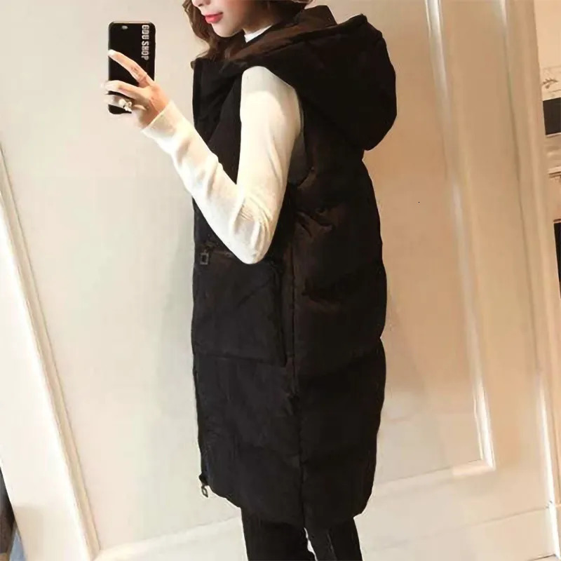 Women's Vests Winter Women Vest Waistcoat Long Cotton Jacket Loose Oversize Warm Bread Jacket Sleeveless Hooded Woman Jacket with Pocket 231010