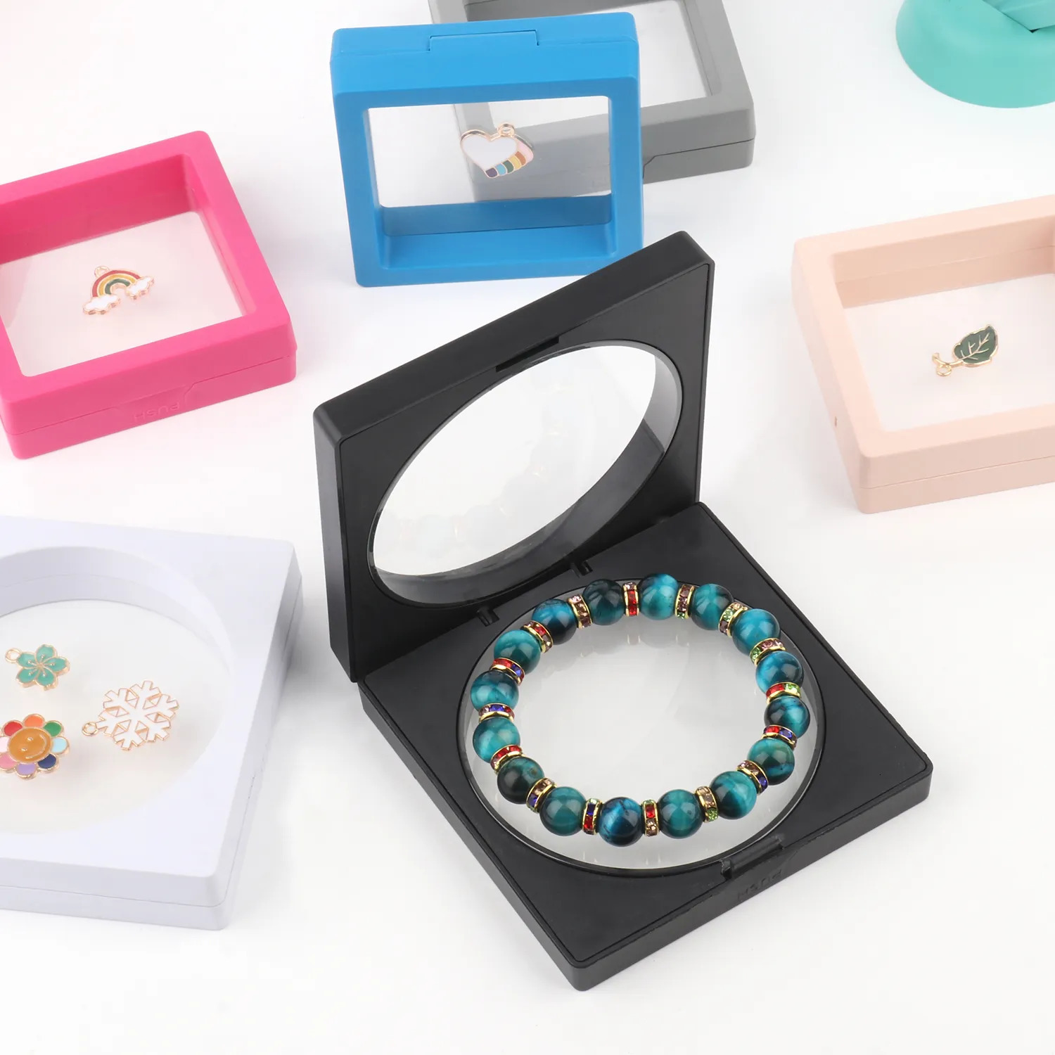 Jewelry Boxes PE Film Black Storage Box 3D Packaging Case Gemstone Free Stand Floating Frame Membrane Ring Earrings Necklace Display 231011