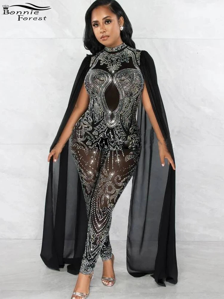 Women's Jumpsuits Rompers Bonnie Forest Sparkle Black Rhinestones Mesh Shift Long Sleeve Jumpsuits Women Rompers Glitter Skinny Crystal Jumpsuits