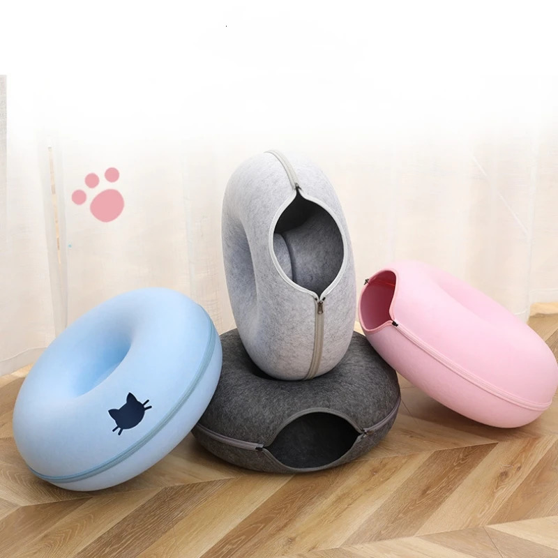 Cat Beds Furniture Donut Pet Cat Tunnel Bed Interactive Play Toy Cat Bed Dual Use Rabbit Bed Tunnels Indoor Toys Cats House Kitten Training Toy 231011
