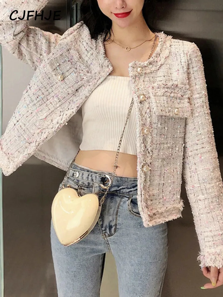 Women's Jackets CJFHJE Fashion Spring Women French High Quality Single-Breasted Tweed Woolen Coat Round Neck Long Sleeve Tassel Jacket 231010