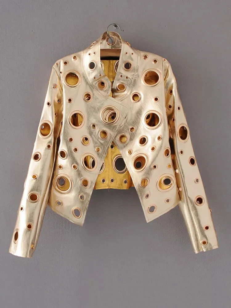 Women's Jackets 2023 Spring Personality PU Round Hole Women Jacket Gold Black Silver Color Stand Collar Long Sleeve Coat Leather Clothing Top 231