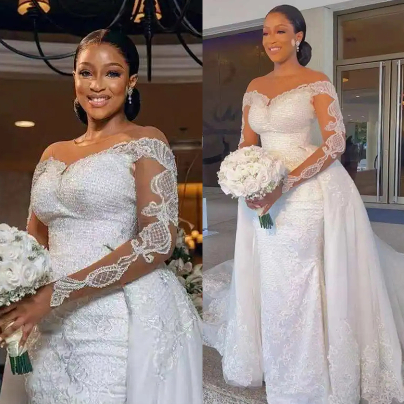 Gorgeous Lace Mermaid Wedding Dresses With Detachbale Train Appliques Long Sleeves Sheer Neck Beauty Bride Dress Custom Made