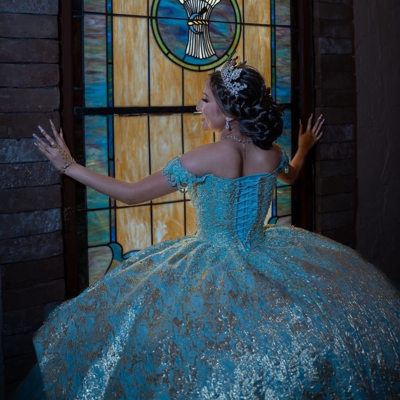 Aqua Blue Shiny Princess Quinceanera Ball Straps Beaded Off Shoulder 15th Party Gown Gold Appliques Sweet 16 Dress