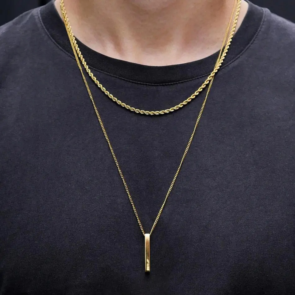 Chokers Vnox 3D Vertical Bar Necklaces for Men Layering Stainless Steel Geometric Pendant Layered Wheat Rope Cuban Chain Boy Collar 231012