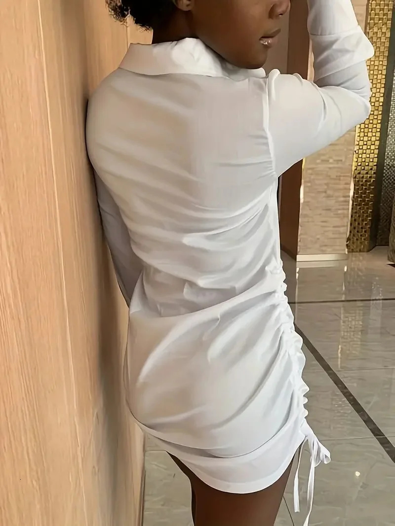 Urban Sexy Dresses Casual Ruched Mini Dres Solid Slim Button Down Shirt Bodycon Evening Club Night Out Party Dresse 231011