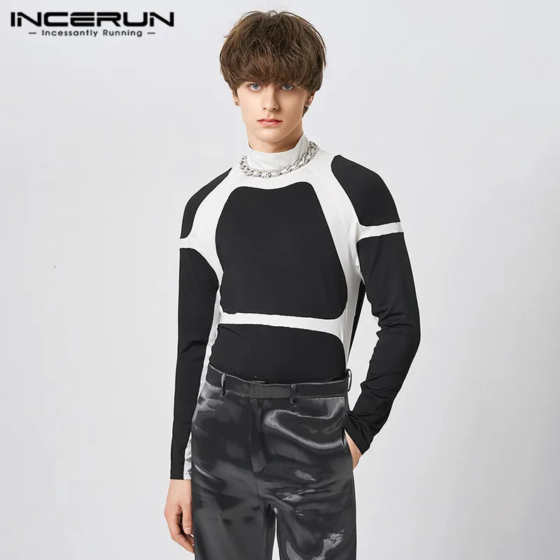 Men's TShirts Fashion Men T Shirts Patchwork Turtleneck Long Sleeve Casual Camisetas Skinny Streetwear Leisure Men Clothign S5XL INCERUN 231011