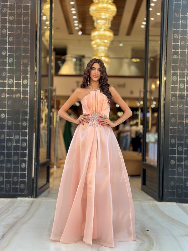 Gorgeous Pink Evening A Line Strapless Crystal Waist Formal Party Prom Dress Ruffle Dresses For Special Ocn 0515