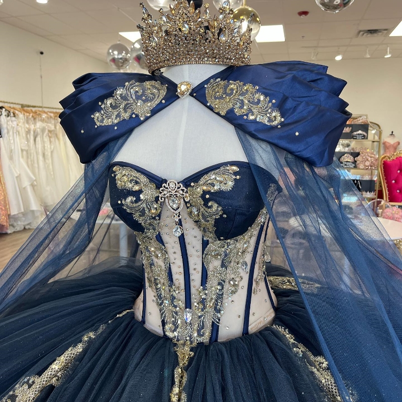 Gorgeous Navy Blue Quinceanera Dresses Gold Applique With Cape Ball Gown Princess Birthday Party Sweet 16 vestidos de 15 Gothic