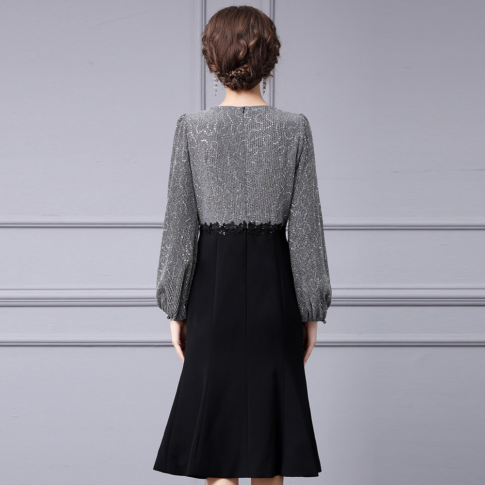 0C401N27 Autumn Women's Dress Light Luxury Mature Women's Style Sequin Patchwork Fake Two-piece Skirt Mid Length Customization