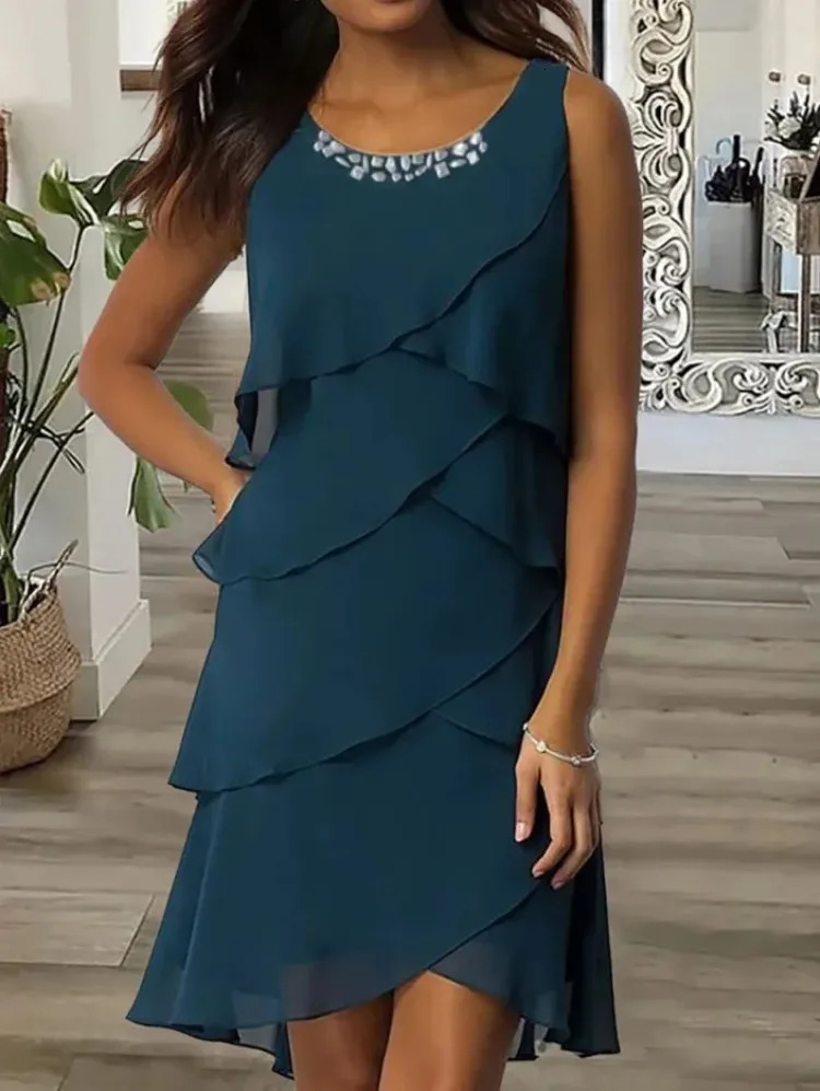 Urban Sexy Dresses 2023 Casual Summer Women Dress Solid Color Chiffon Fashion Sleeveless ONeck KneeLength Party Tiered 231011