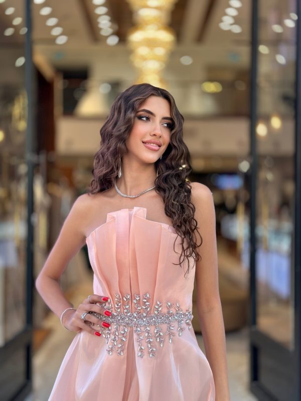 Gorgeous Pink Evening A Line Strapless Crystal Waist Formal Party Prom Dress Ruffle Dresses For Special Ocn 0515