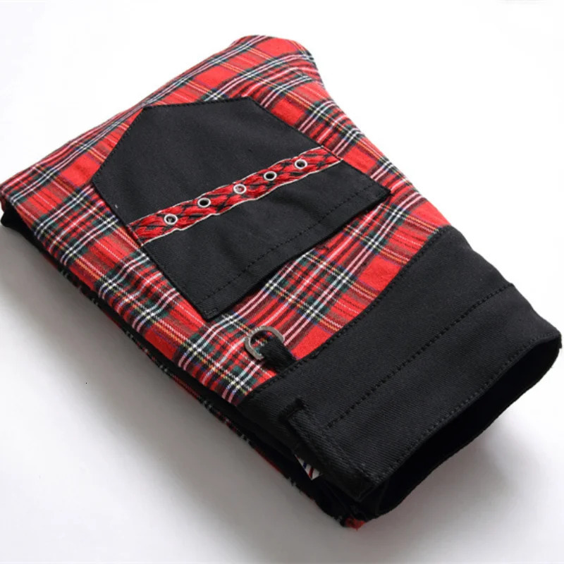 Men's Jeans Fashion Red Plaid Patchwork Punk Zipper Men Pencil Jeans Trousers Y2K Buckle Hip Hop Gothic Slim Denim Pants Pantaloni Uomo 231011