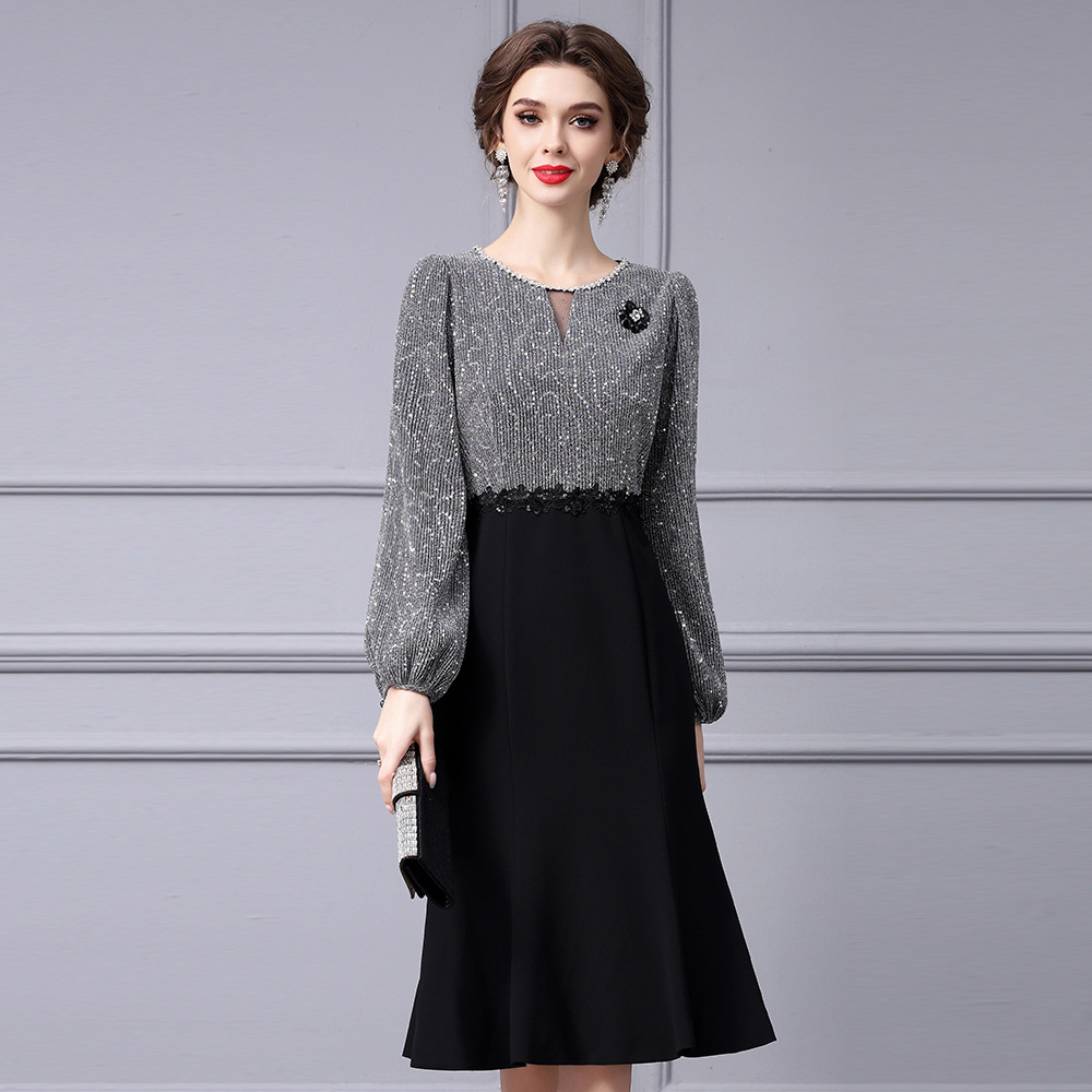 0C401N27 Autumn Women's Dress Light Luxury Mature Women's Style Sequin Patchwork Fake Two-piece Skirt Mid Length Customization