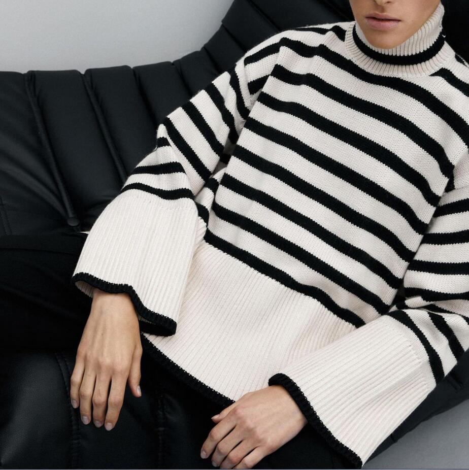 2024 Autumn/Winter New Tot Women's High Neck Knitted Stripe Split Sweater Top