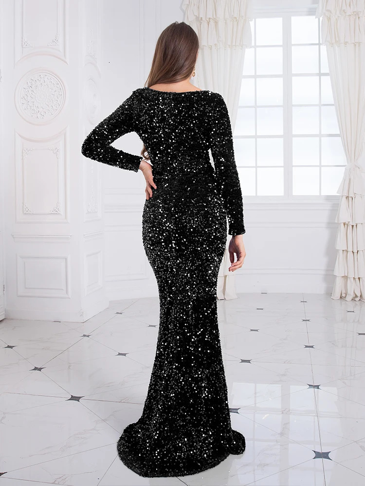 Urban Sexy Dresses Royal Blue Stretch Sequin Floor Length Evening Night Dress Full Sleeve Bodycon Black Mermaid Party Dress 231011