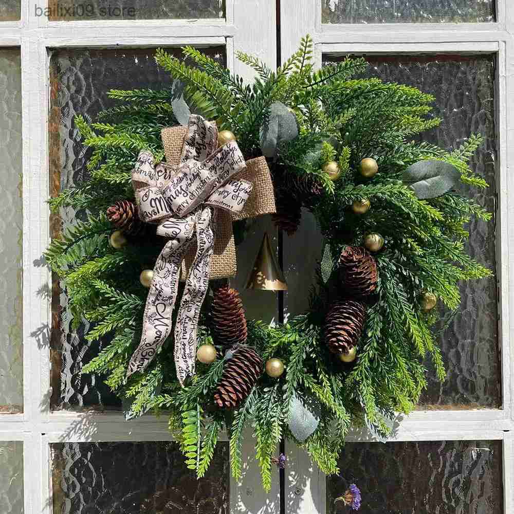 Christmas Decorations Autumn Rattan Christmas Pine needles Cone Bells Fall Wreath Front Door Garland for Wall Home Thanksgiving Decor Ornament Wreath 