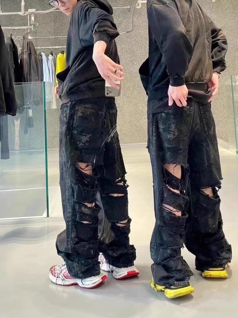 Original bale Washed Loose Dyed Torn Dirty Jeans Graffiti Torn Holes Jeans Distressed High Street Casual Jeans Loose Men Hiphop Jeans
