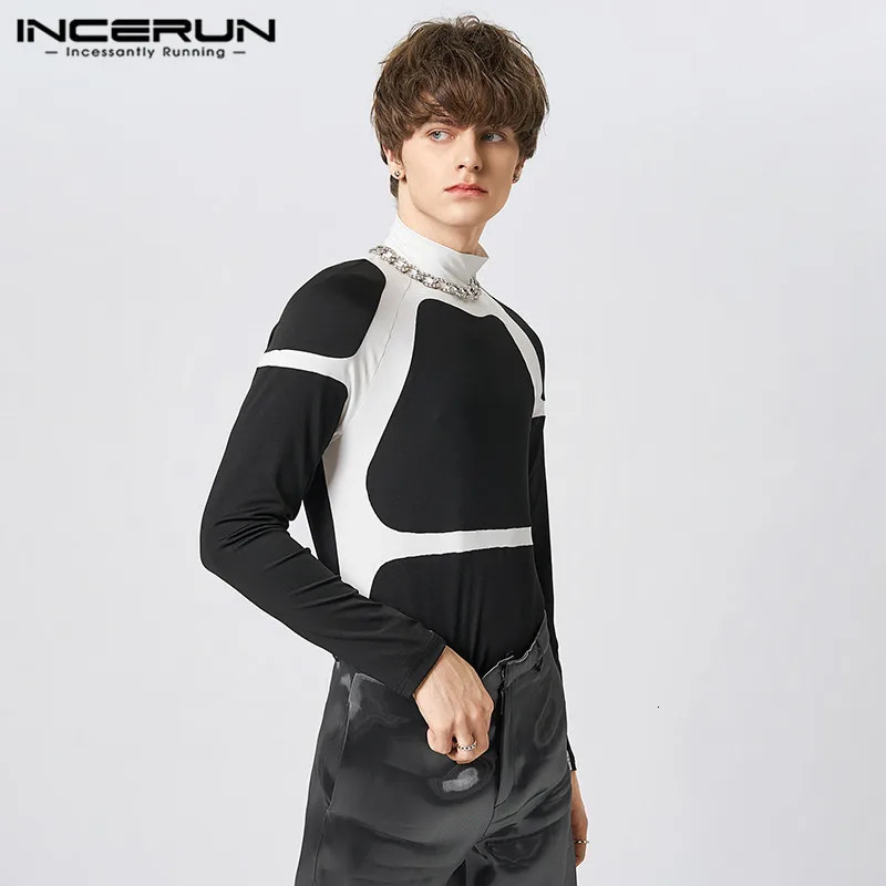 Men's TShirts Fashion Men T Shirts Patchwork Turtleneck Long Sleeve Casual Camisetas Skinny Streetwear Leisure Men Clothign S5XL INCERUN 231011